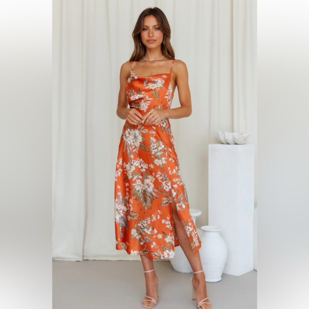 Paperheart Orange Floral Tropical Satin Slip Dress - Size M
